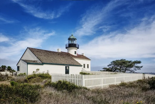 old point loma lighthouse, lighthouse, building, structure, historic, historical, landmark, fence, nature, grass, sunny, san diego, california. How to write fence contractor service standards: five parts and a gap at grade example