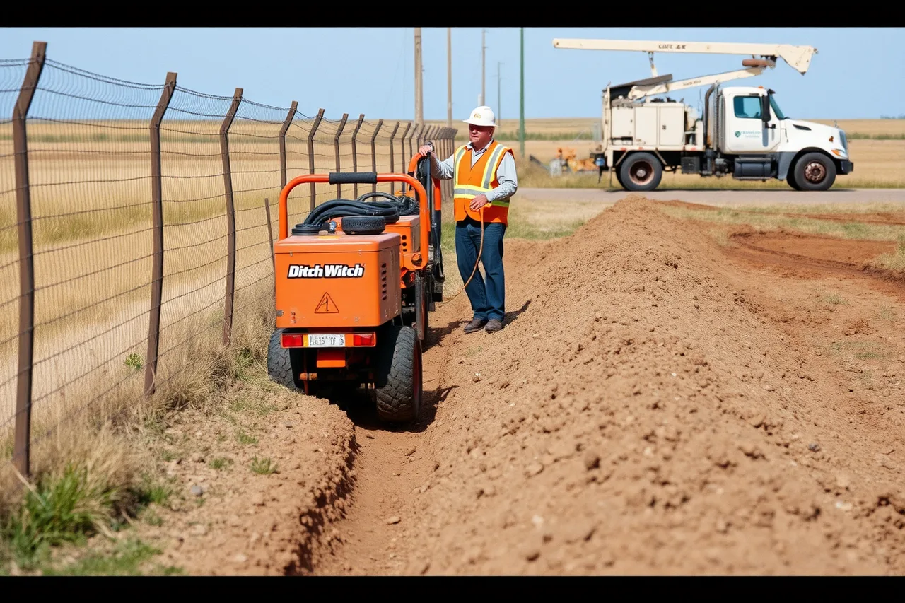Ditch Witch walk-behind trencher digging a trench along a fence line (Fence contractor equipment brands compared in 2027)