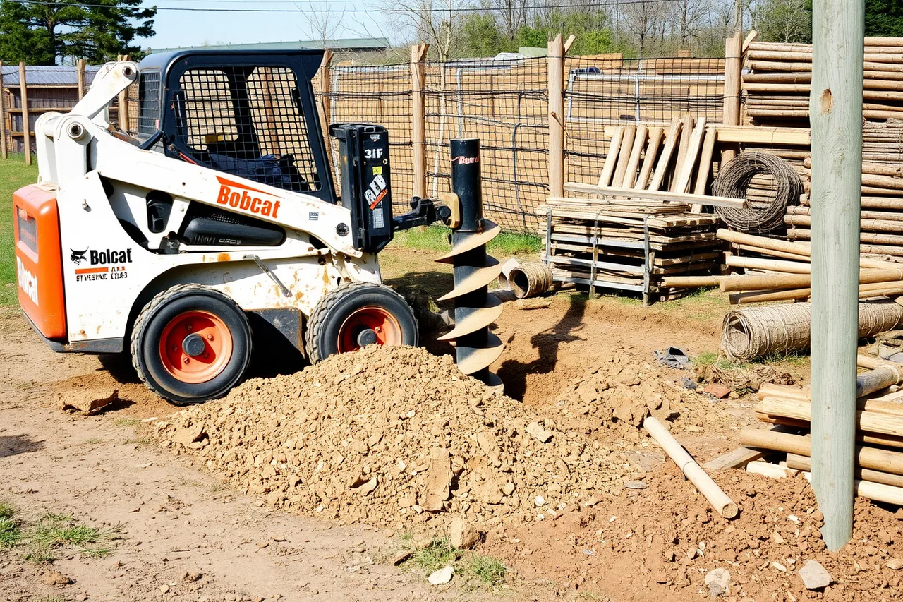 Bobcat skid steer with hydraulic auger attachment drilling a fence post hole (Fence contractor equipment brands compared in 2027)