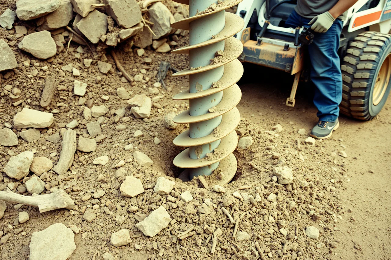 Auger lifted from a post hole packed with rock and roots (Choosing where to open a fence contractor business)
