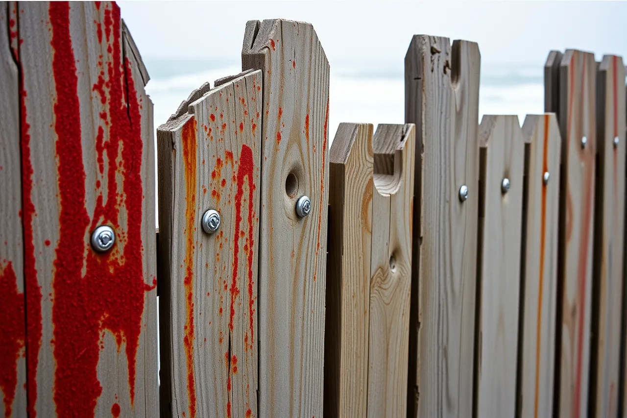 Rusted fasteners on a coastal fence exposed to salt spray (Coastal fence materials in Halifax and St. John's, salt, wind and rock)