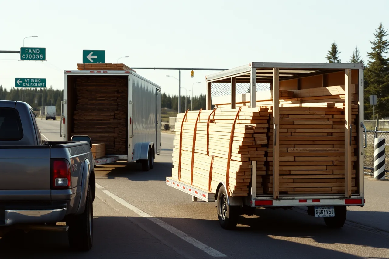 Fence-loaded truck waiting in commercial lane at Canada-US border crossing (Cross-border fencing compared for Canadian contractors serving US clients)