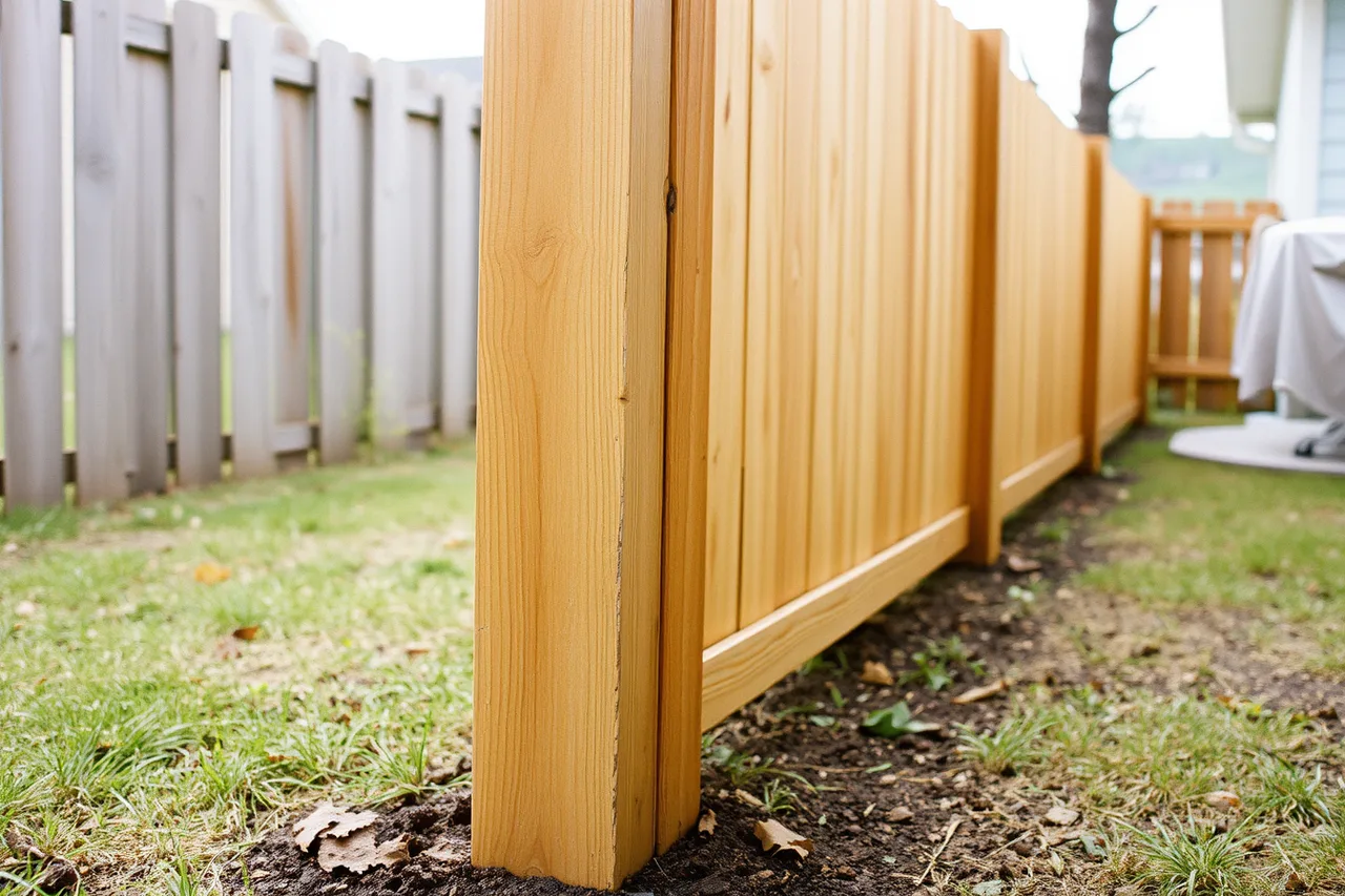 Leaning wooden fence post with an out-of-line fence run beside it (Straight talk on fence contractor complaint handling)