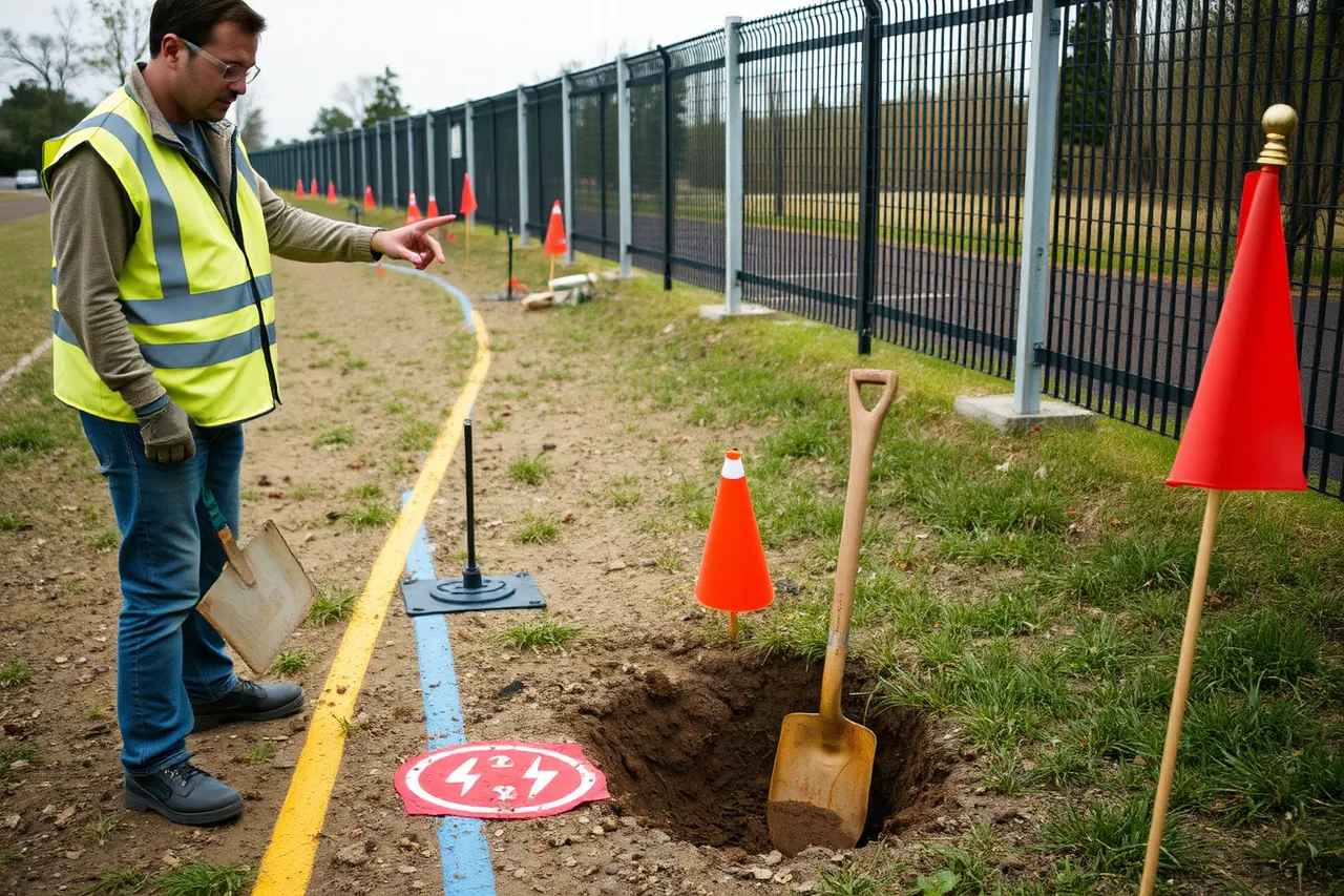 Worker in safety gear beside colored utility locate marks on a fence line (A training checklist for fence contractor staff)