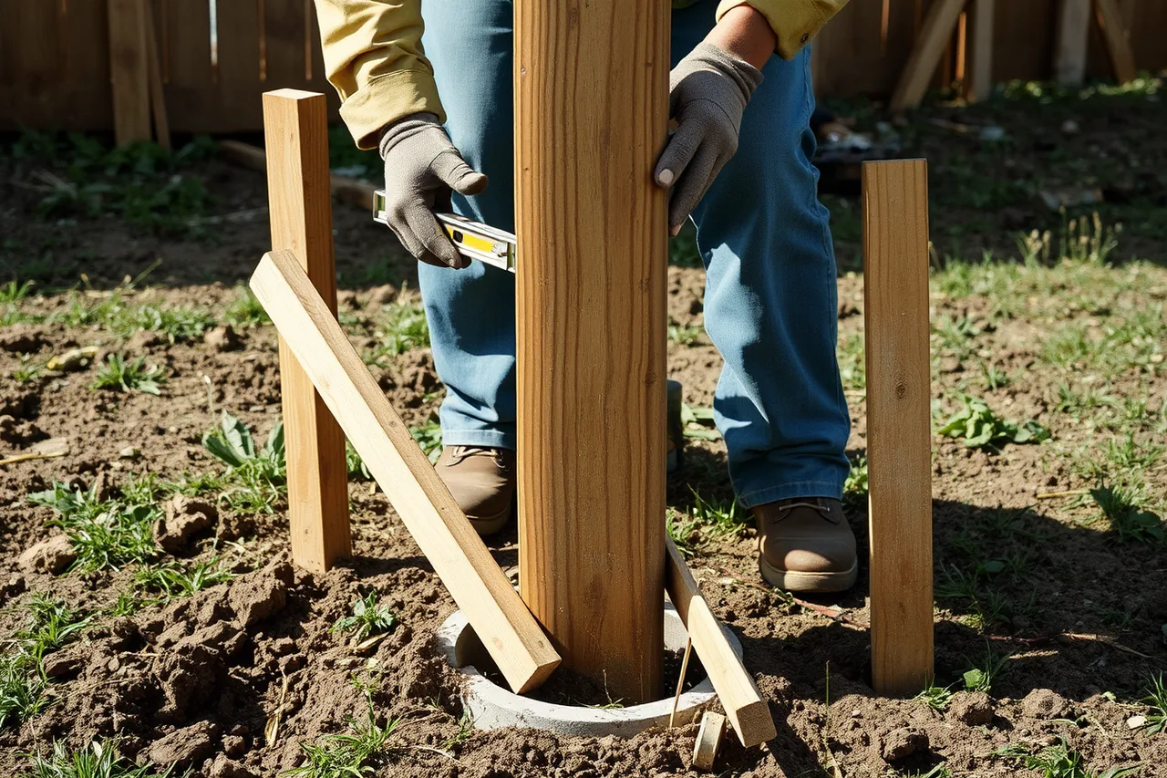 Worker plumbing a fence post with a level and braces over concrete (A training checklist for fence contractor staff)