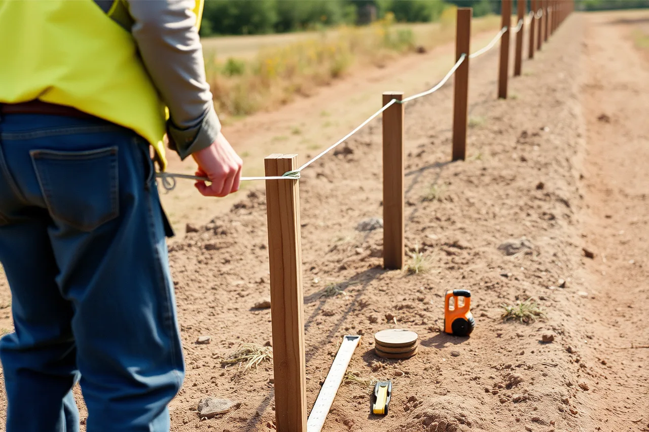 Worker pulling a string line along a line of set fence posts (A training checklist for fence contractor staff)