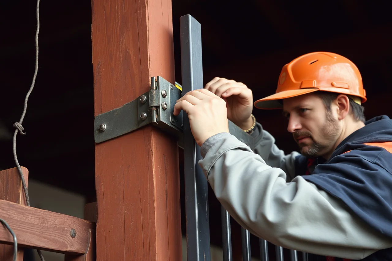 Worker hanging a gate on a gate post and checking the closing gap (A training checklist for fence contractor staff)