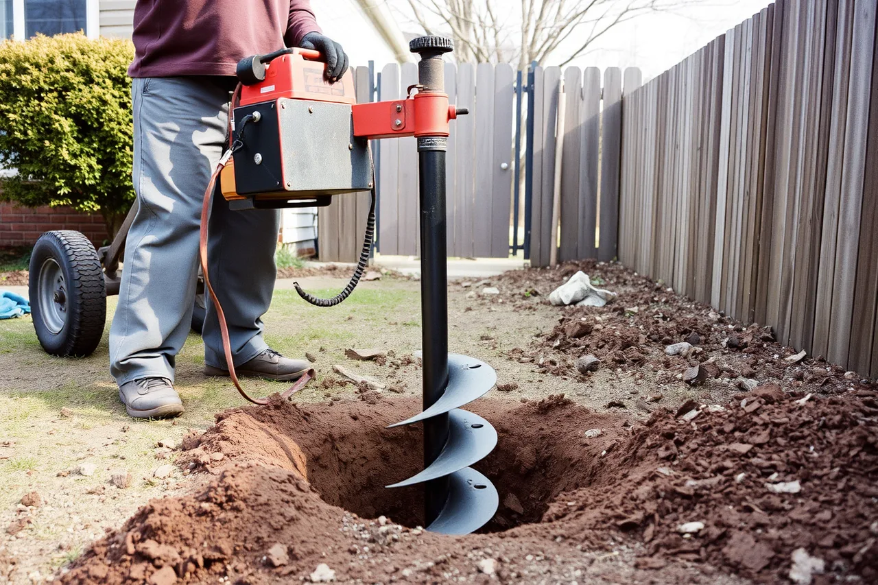 One-person towable hydraulic auger drilling a post hole in a yard (Fence contractor equipment rated on what actually matters)