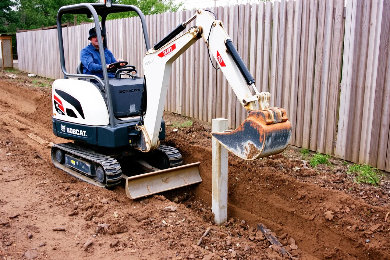 Mini excavator lifting an old concrete footing from a fence line (Fence contractor equipment rated on what actually matters)