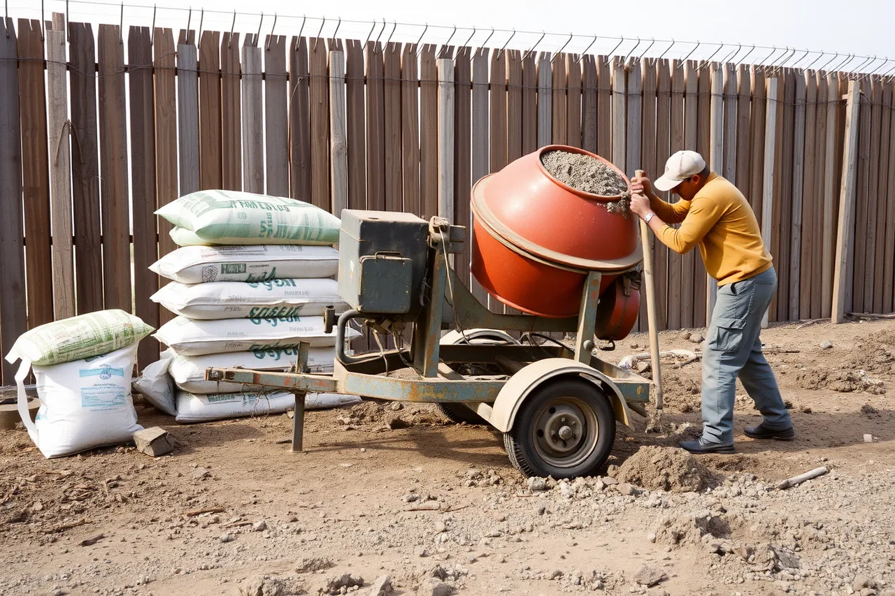 Towable concrete mixer batching mix beside fence post holes (Fence contractor equipment rated on what actually matters)
