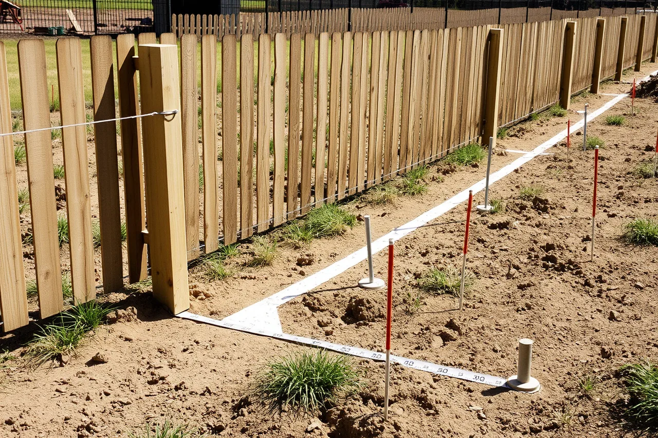 String line and batter boards marking out a fence corner (Fence contractor equipment rated on what actually matters)