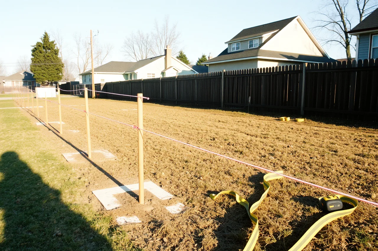 String line and stakes marking a fence run on site (Fence contractor equipment: what to buy first)