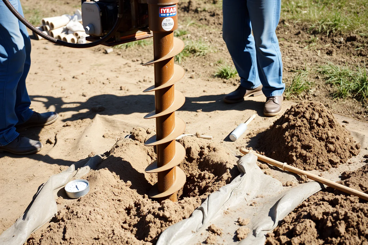 Crew using a powered auger to dig a post hole (Fence contractor equipment: what to buy first)