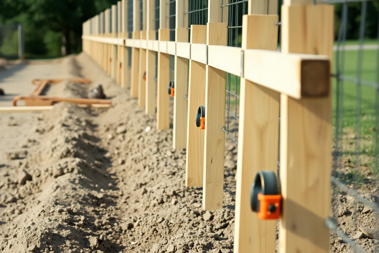 Fence posts braced and levelled in curing concrete (Fence contractor equipment: what to buy first)