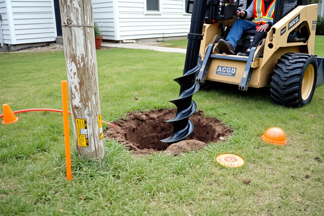 Auger drilling a fence post hole next to utility locate flags (Fence contractor insurance: coverage explained and priced)