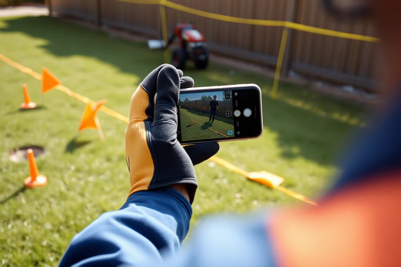 Worker photographing utility locate marks on grass before digging (Fence contractor insurance: coverage explained and priced)