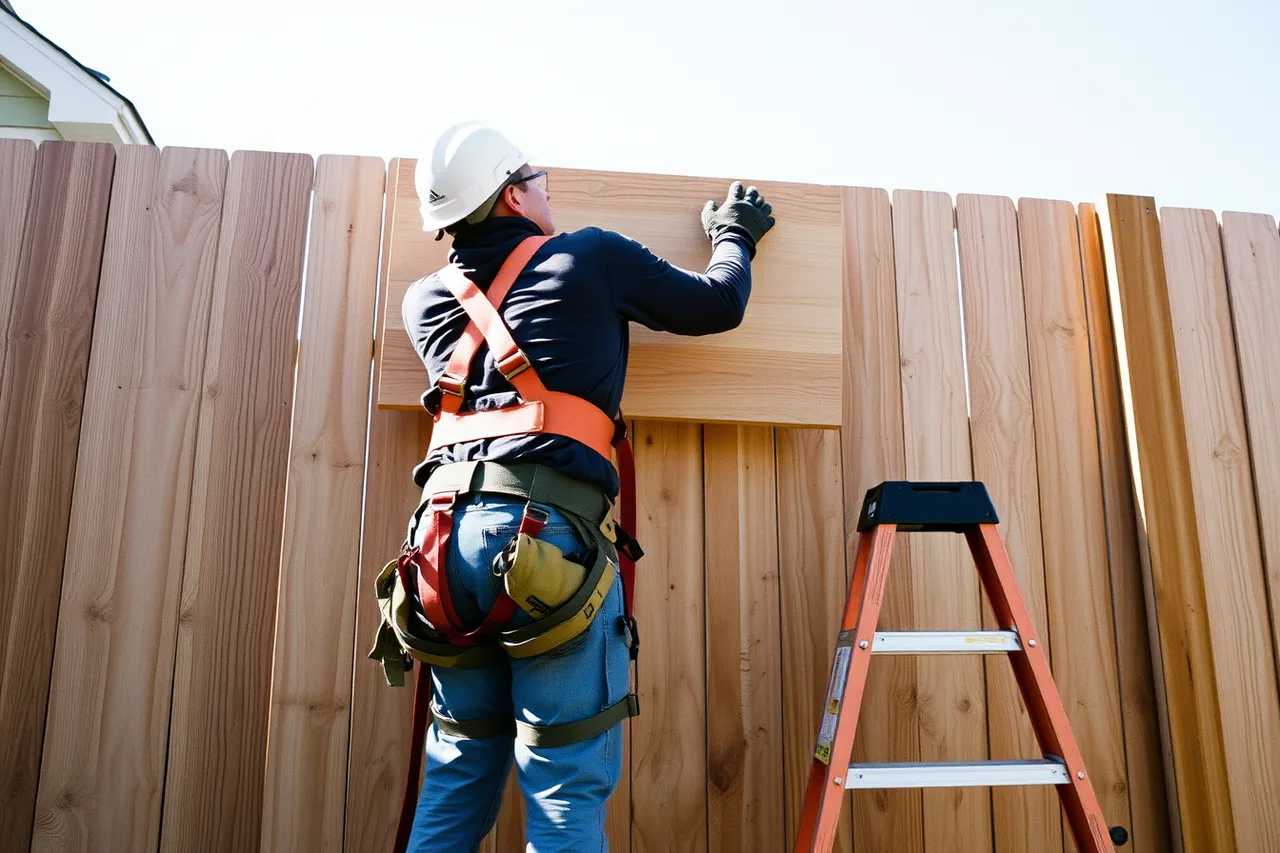 Fence installer in harness setting panels above grade (Fence contractor insurance: coverage explained and priced)