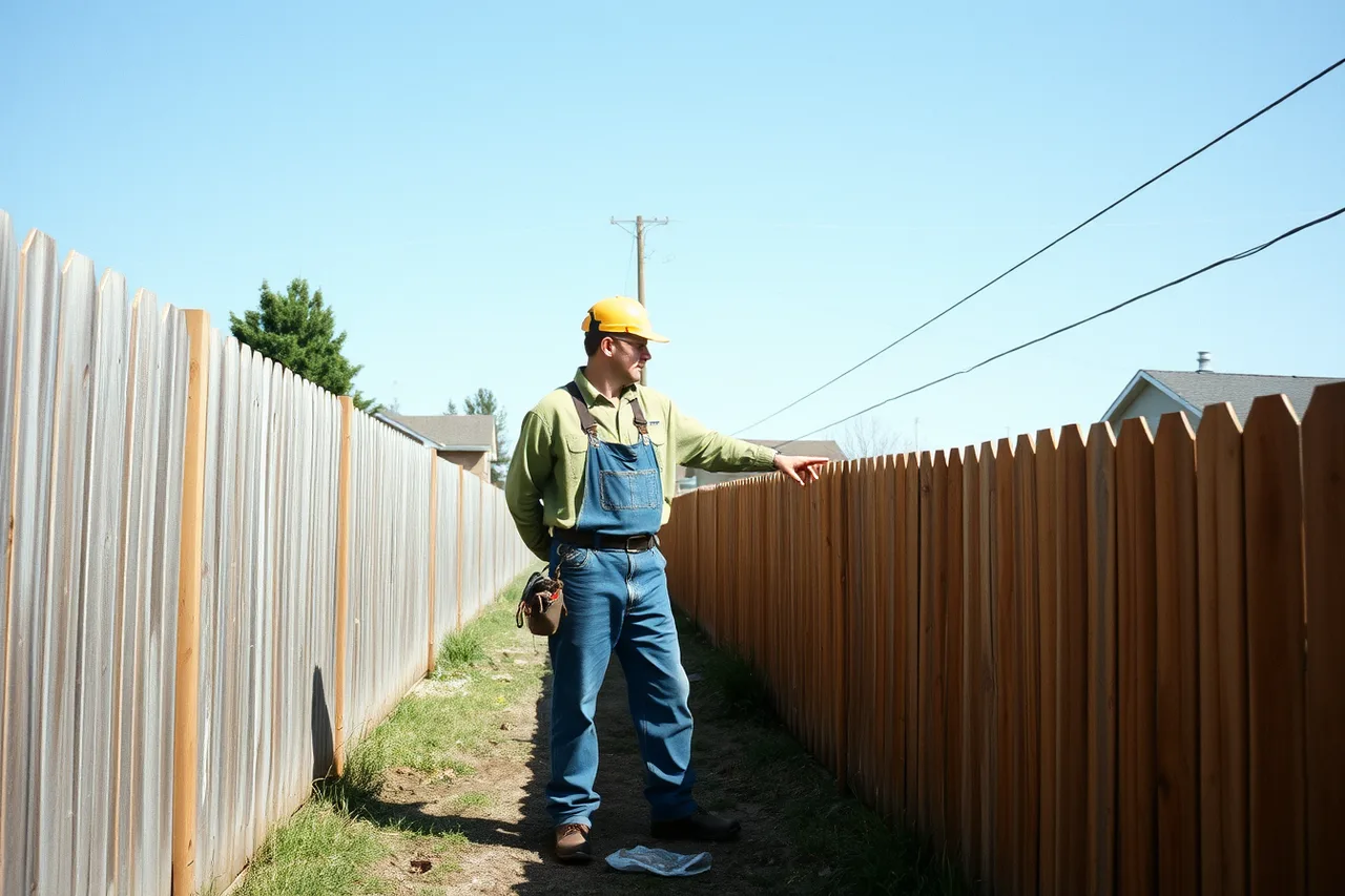 Fence crew member talking with neighbor at a boundary fence (Marketing a fence contractor business: what brings customers)