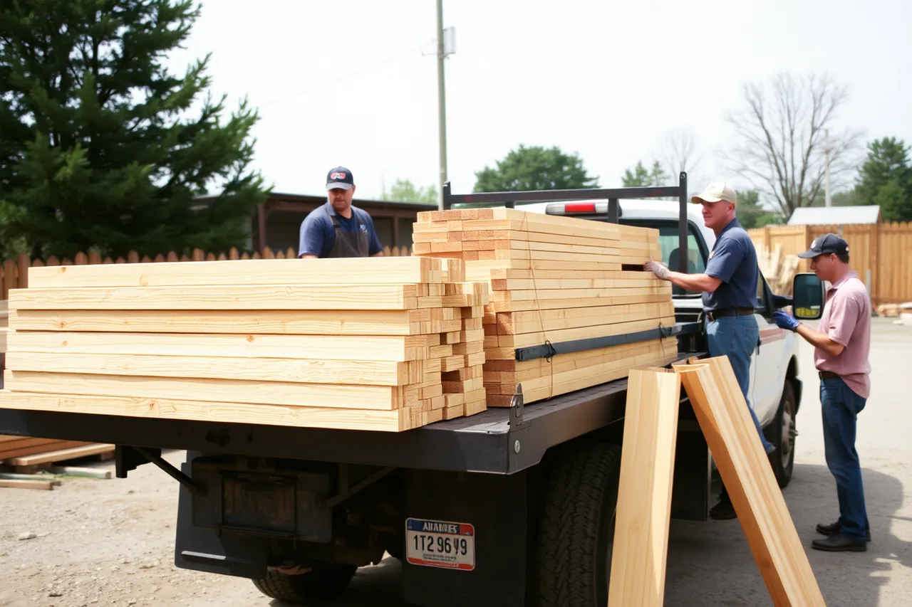 Fence crew loading posts and panels onto a truck in reverse order (Wages and labour costs for a fence contractor business)