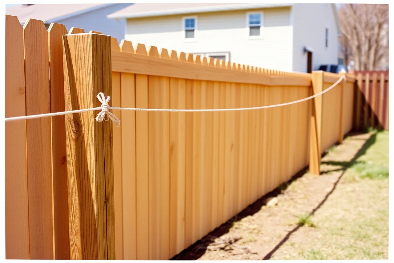 String line stretched along a fence run to check straightness (8 lessons worth learning about fence contractor service quality)
