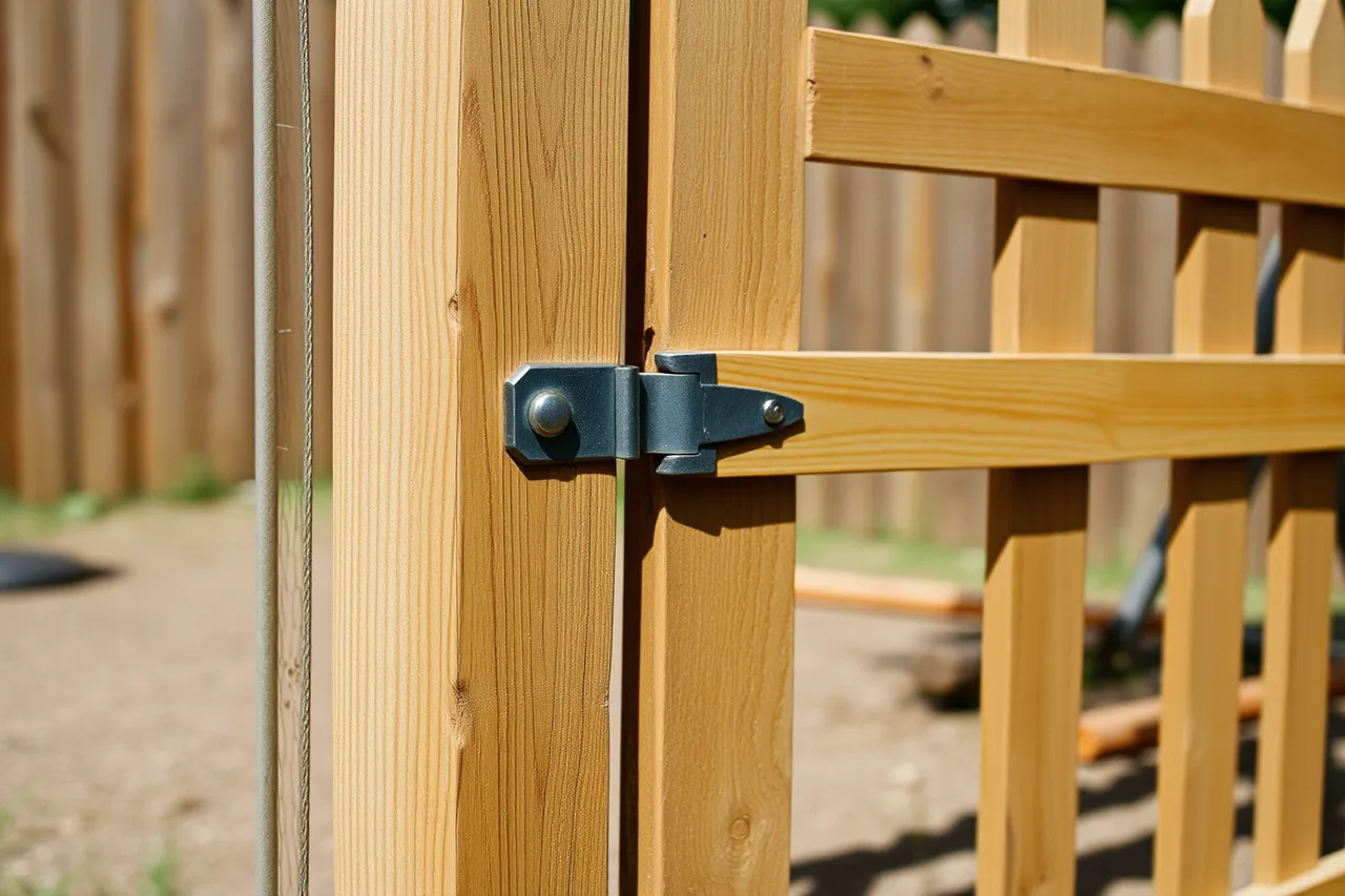 Wooden fence gate post with hinges and visible ground clearance under the swing (Packaging fence contractor services customers understand)
