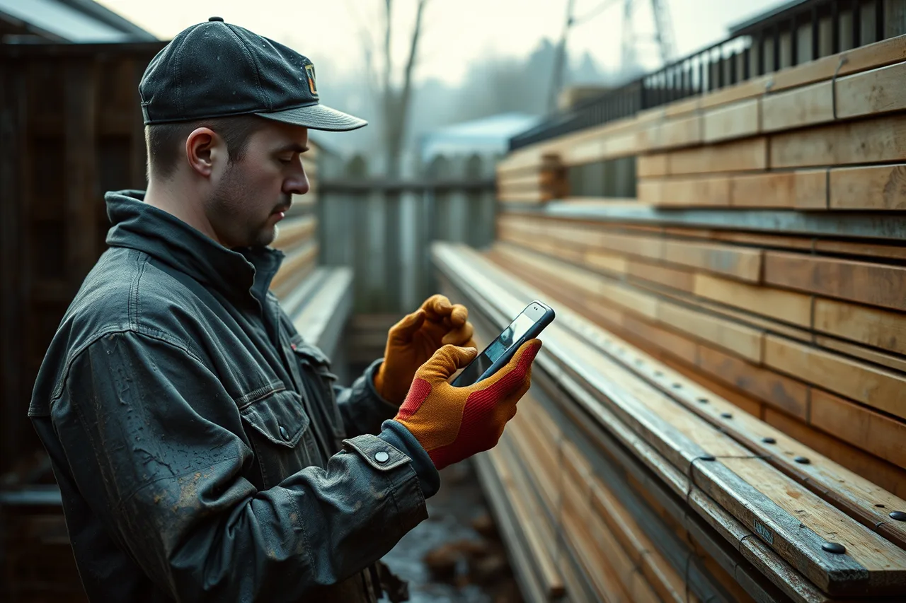 Fence installer entering hours on a phone in a wet yard (Choosing fence contractor software by the KPIs it tracks in 2027)