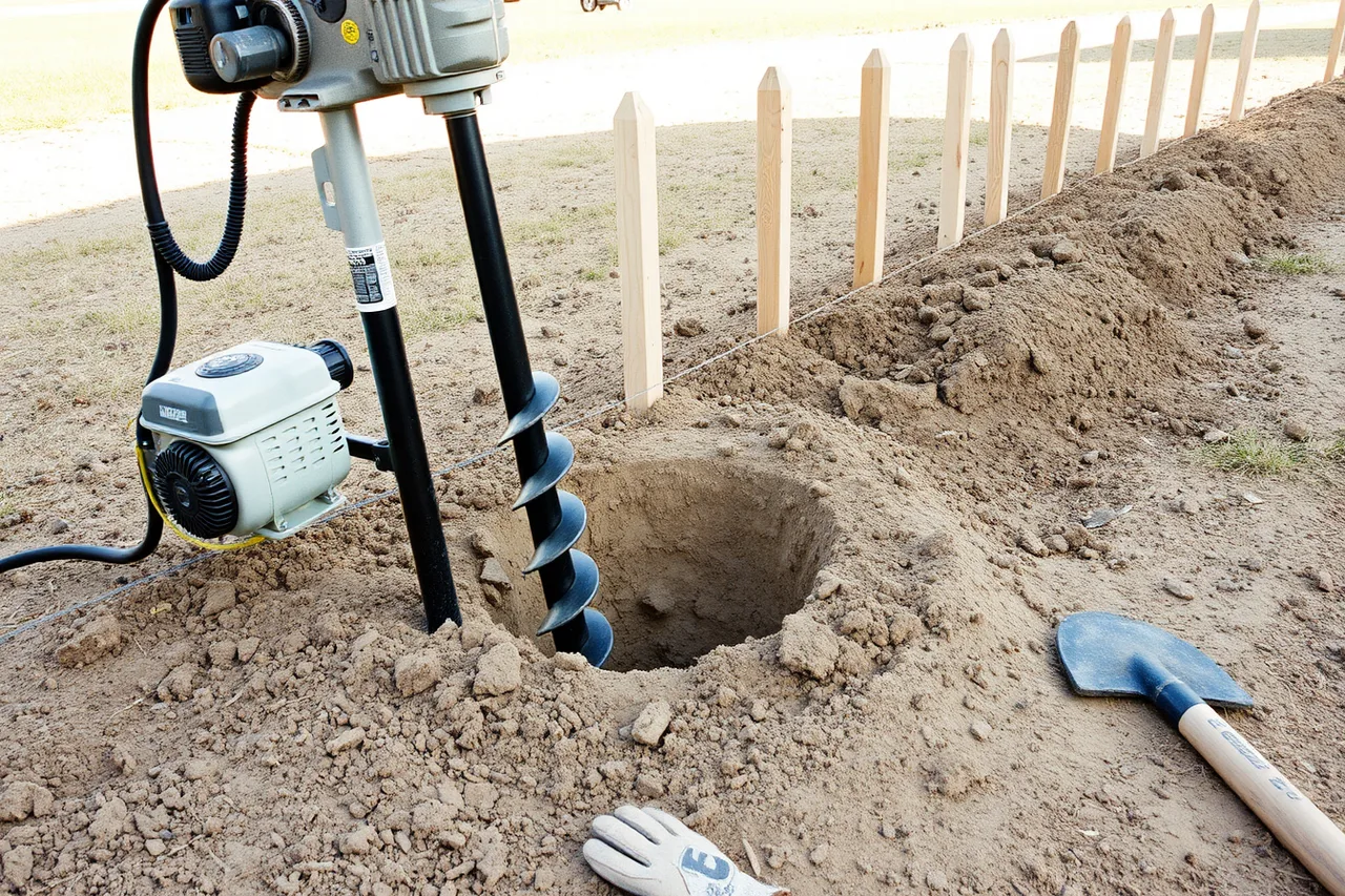 Post hole auger boring a fence post hole beside layout string (Starting a fence contractor business: demand, competition and the opening plan)
