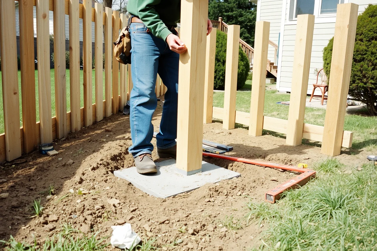 Installer setting a cedar post in concrete on a sloped yard (How much a fence contractor business costs to open, and who lends for it)
