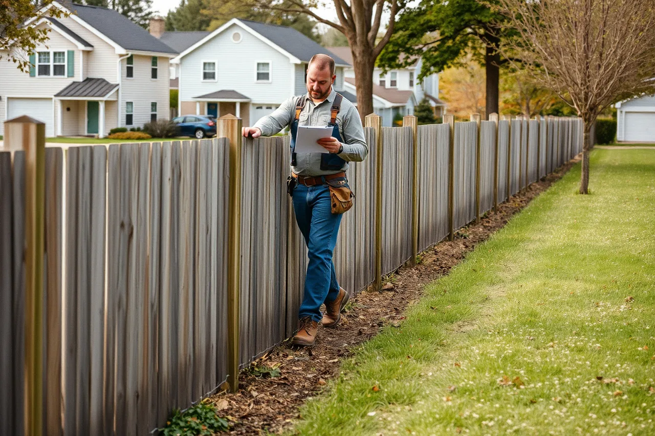 Contractor inspecting an aging wooden fence along a residential property boundary (Demand trends every fence contractor business owner should know in 2027)