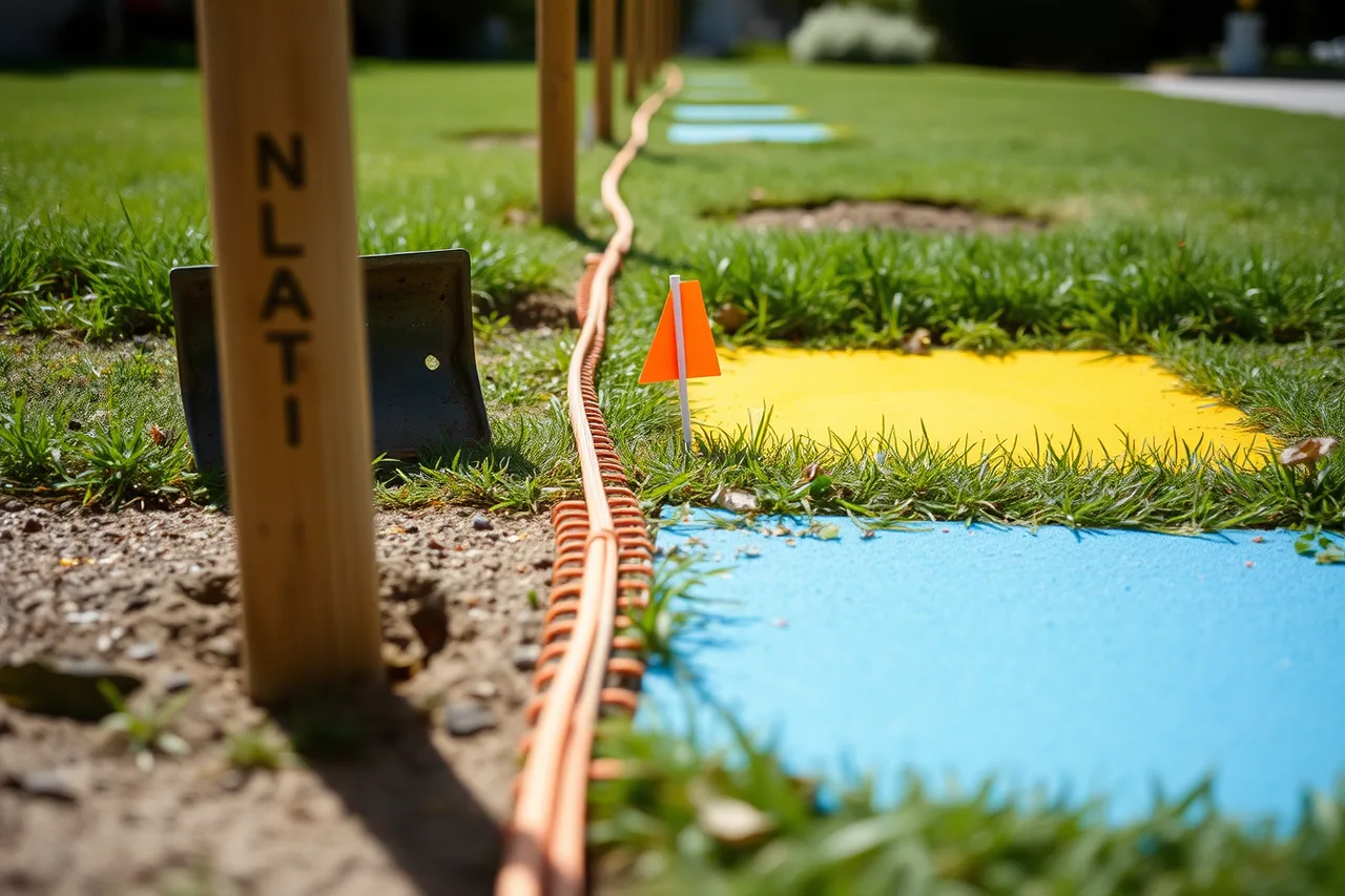 Spray-painted utility locate marks on grass along a fence line (More referrals for a fence contractor business: what actually works)