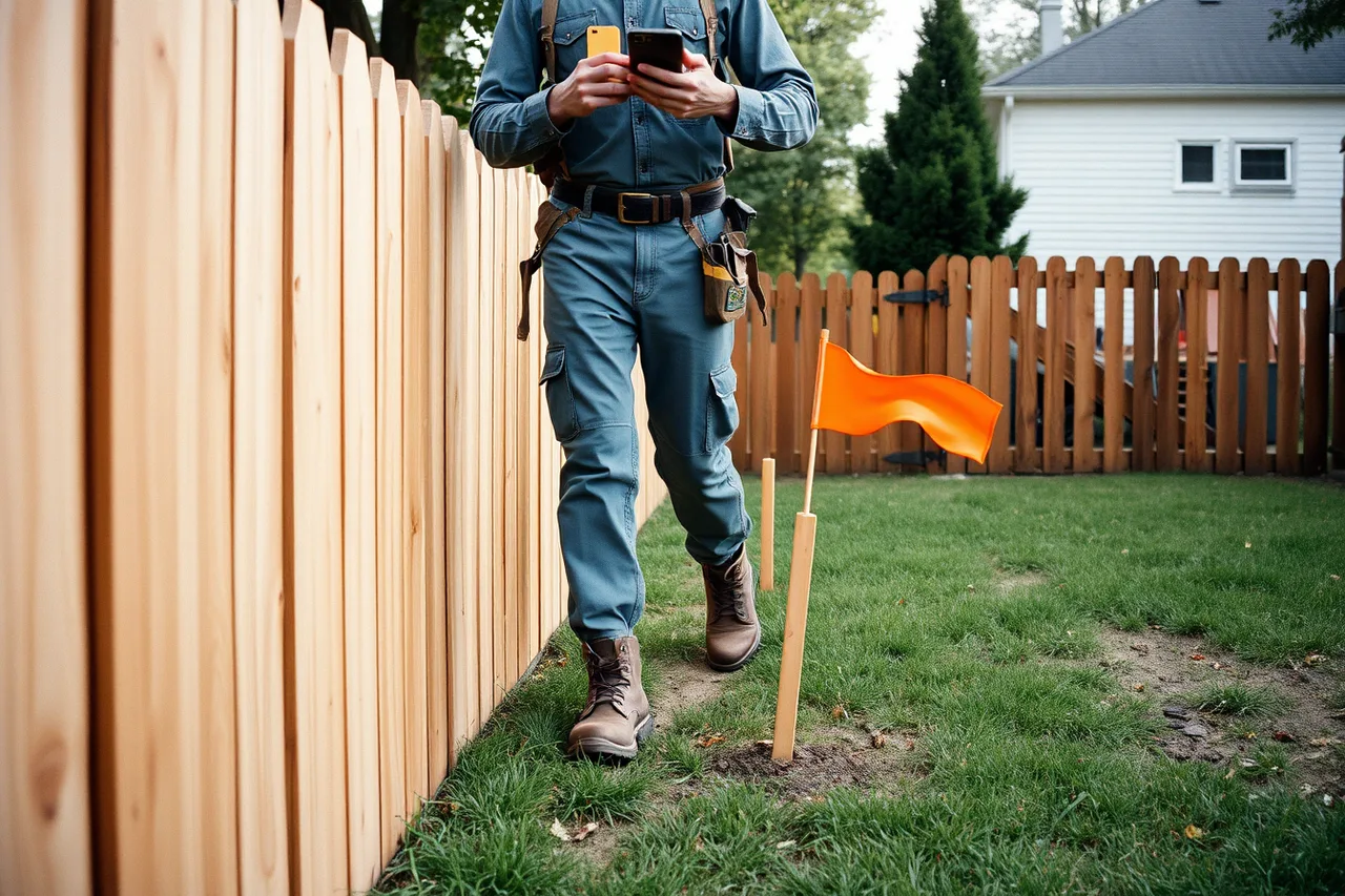Fence contractor marking a new post location along an existing fence line (How to Price Fence Contractor Change Orders)