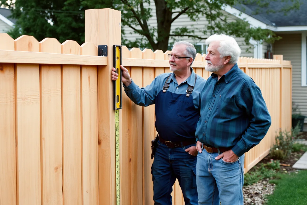 Contractor and customer checking post plumb and panel gap on new fence (How to Price Fence Contractor Change Orders)