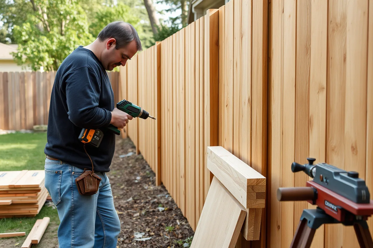 Carpenter fastening cedar rails to posts on a privacy fence (Profitable fence contractor services worth offering)