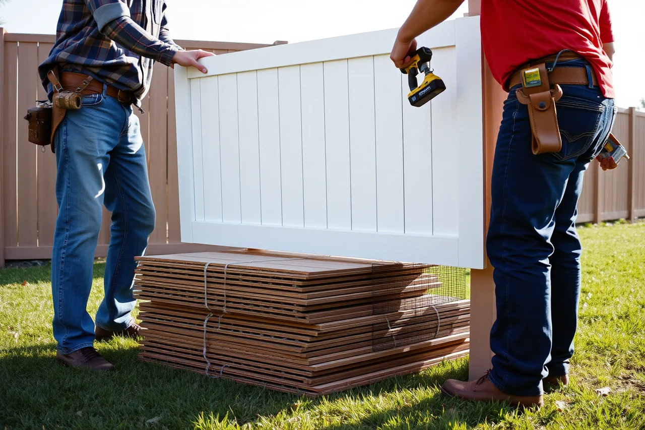 Installers lifting a composite fence panel into a post channel (Profitable fence contractor services worth offering)