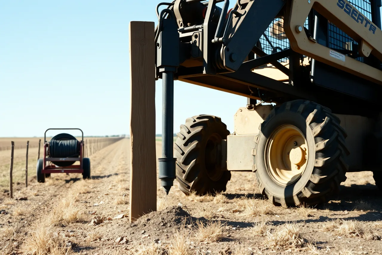 Skid steer hydraulic driver setting a ranch fence post (Profitable fence contractor services worth offering)