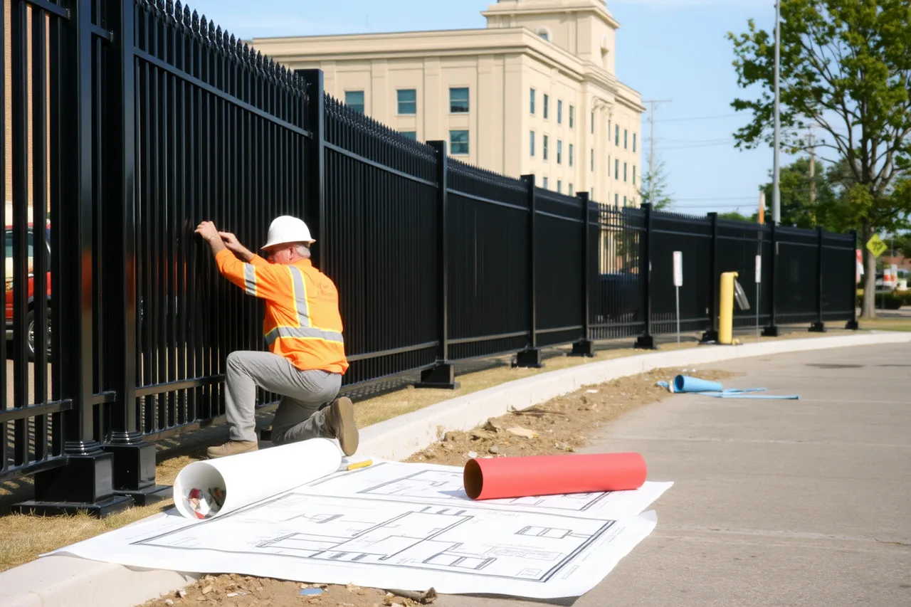 Workers installing ornamental aluminum fence panels on a commercial site (Profitable fence contractor services worth offering)