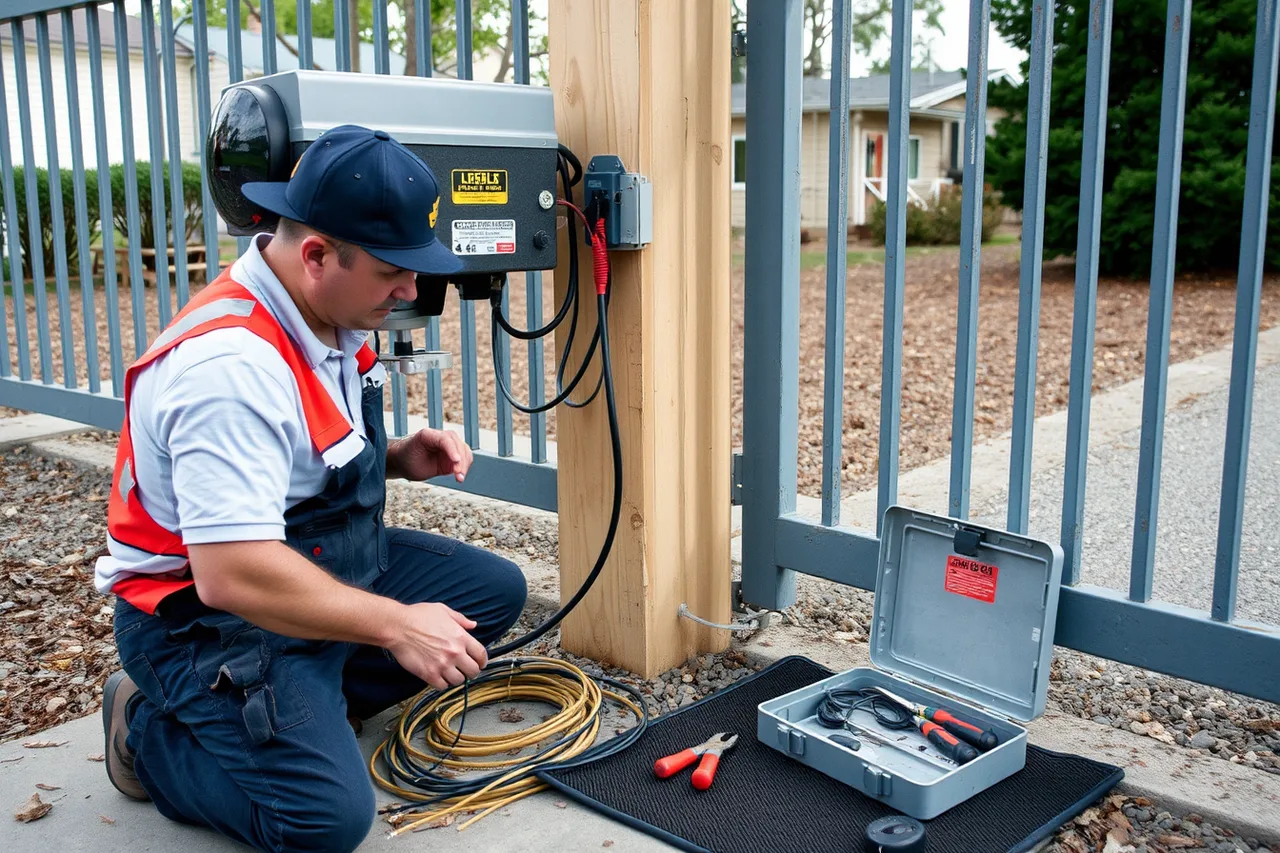 Technician wiring a gate operator, keypad and safety edge (Profitable fence contractor services worth offering)