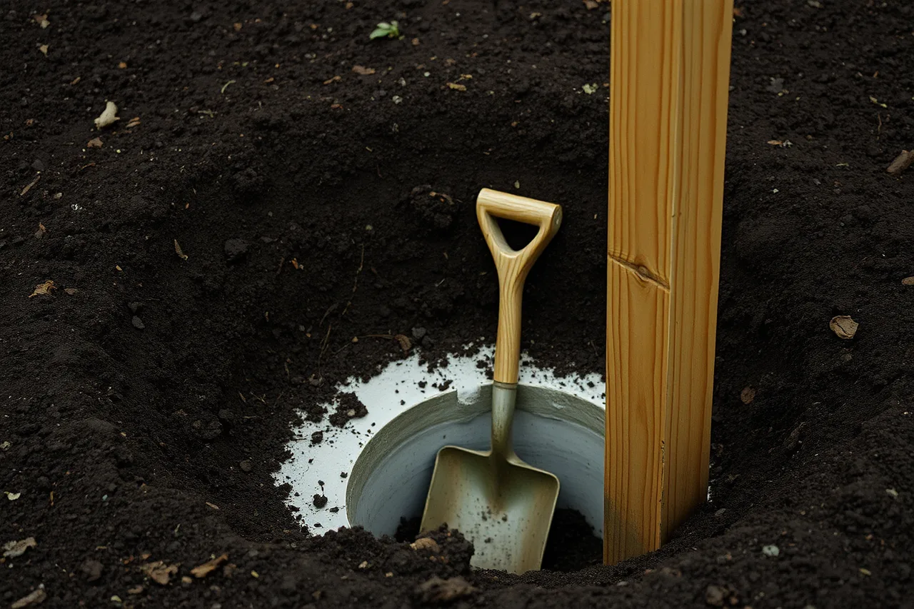 Cedar fence post set in concrete footing in wet soil (How Vancouver fence contractors quote cedar and composite in a wet climate)